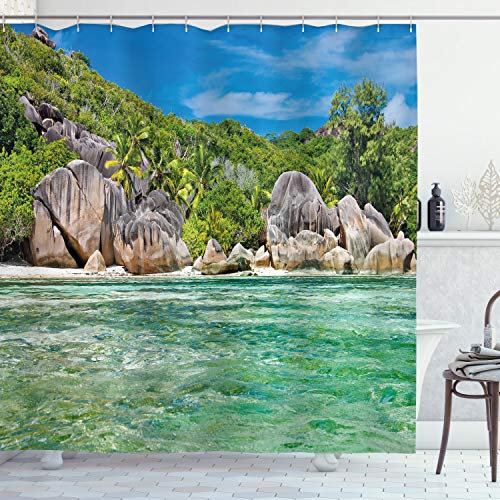 ABAKUHAUS Tropisch Duschvorhang, Landschaft der Insel Baum, Stoffliches Gewebe Badezimmerdekorationsset mit Haken, 175 x 240 cm, Farngrün Blau
