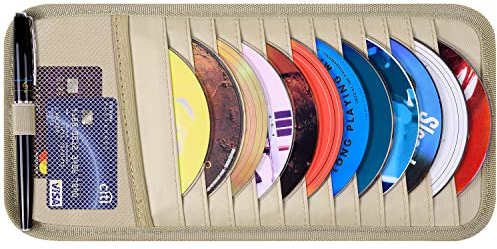 wisdompro Car CD Case Holder, Sun Visor CD Holder with 12 DVD Sleeve, Khaki | CD Storage for Car Vehicle, Sun Visor Organizer Disc Wallet, Sunvisor Pouch with 1 Mesh Pocket, 1 Pen Holder & Elastic Strap