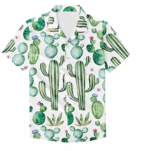 Einzigartiges bedrucktes flippiges Hawaii-Hemd für Herren, kurzärmelig, Oberteil, Bluse für den Sommer, Weißer, hellgrüner Kaktus, XL