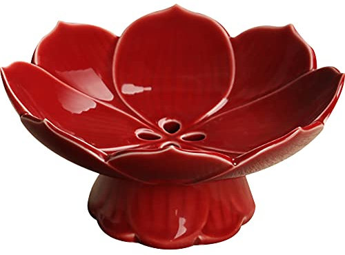 Kelendle Pedestal Fruit Bowl Centerpiece Decorative Compote Footed Bowl Ceramics Dessert Serving Bowl Tray Display Stand Lotus Drain Plate for Kitchen Counters for Fruits Breads Snacks (Red)
