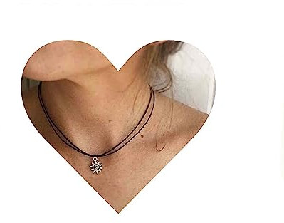 Yheakne Boho Layered Suede Choker Necklace Black Velvet Necklace Short Sun Pendant Necklace Double Layer Black Cord Collar Necklace Chain Jewelry for Women and Girls