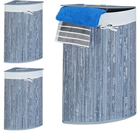 Relaxdays 3 x Eckwäschekorb Bambus, Faltbare Wäschebox 60 Liter, platzsparend, Wäschesack Baumwolle, 65 x 49,5 x 37 cm, grau