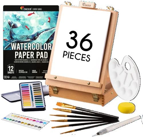 Aquarellfarben Set (36 Stück) - Zenacolor - Wassermalfarben Set, Geschenk 2in1 Aufbewahrungsbox und Staffelei, Aquarellset im Wasserfarbkasten (24 Farben), 6 Pinsel, 1 Block (12 Blatt) und Zubehör