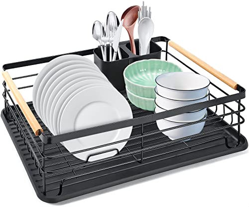 Nestling Escurridor de Platos, escurridor de Platos de Acero Inoxidable, escurridor de Cubiertos de Cocina con Cesta de Cubiertos y Bandeja de Goteo extraíble (Black)