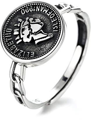 Einstellbare Ringe Damen, Ringe für Frauen 925 Silber Schlicht Vintage Runde Karte Queen Portrait Relief Schmuck Geschenk