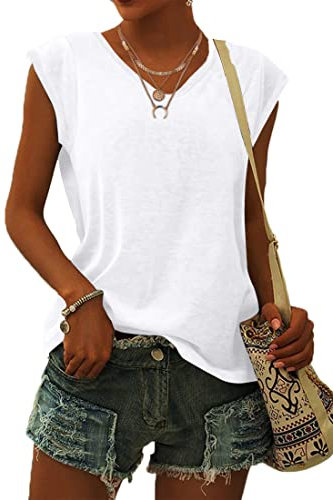 WNEEDU Women Tops Summer T-Shirts for Women UK V Neck Cap Sleeve Ladies Summer Tank Tops Blouses White S