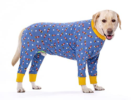 BT Bear Elastischer Haustier-Einteiler für große Hunde, schützt Gelenke, verhindert Haare und Lecken, bietet Wundschutz, Haustier-Pyjama/Overall (Größe XXXL, blaue Rakete)