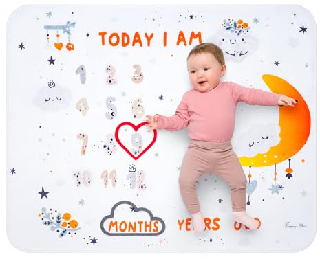 Happy You Baby Milestone Blanket - Boy Girl Unisex Monthly Age Fleece Mat - Baby Shower Present for New Parents Moms – 100 x 127 cm, Orange, Grey, White