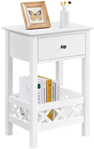 Yaheetech White Bedside Table Wooden Nightstand with Drawer and X-shaped Fence Shelf, Magazine Organizer Rack Cabinet Chic Side Table for Bedroom Living Room Small Space, 40×30×60cm, Easy to Assemble