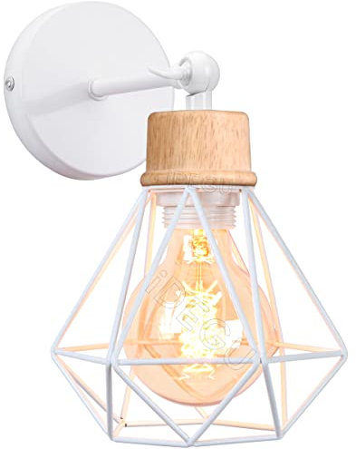 iDEGU Vintage Wandleuchte, Retro Wandlampe Innen im Industrie Design 16cm Käfig Lampenschirm Weiß aus Metall und Holz Verstellbare Deckenleuchte Wandleuchte für Schlafzimmer Küche Flur Wohnzimmer