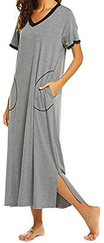 Women's Short Sleeve Cotton Night Dress Long Large Sizes Sleepwear Round Neck Long Night Dresses Loose Fit Sleepshirt with Pockets Sleepwear Summer Sleep Shirt / House Dress, gray, L