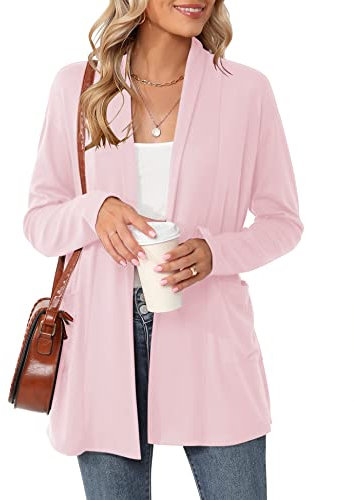 Micoson Cardigan da donna a maniche lunghe aperto sul davanti, casual, sciolto, leggero, cardigan con tasche, Rosa chiaro, Large