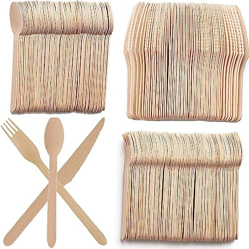 Couverts Jetables, 100 Pièces Cuillère en Bois, 100 Pièces Fourchette Bois, 100 Pièces Couteau en Bois, Biodégradable Couvert Jetable Convient pour les Anniversaires Pique Niques Camping Barbecues
