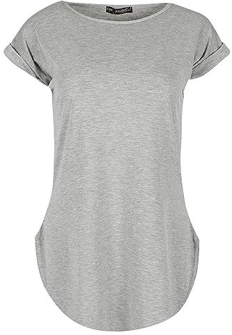 Ladies Curved Hem Jersey Plain Top Womans Round Neck Turn Up Cap Sleeve T Shirt (14, Silver Grey)