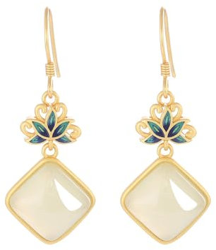 Lotus Weiße Jade Ohrringe Für Frauen, 925 Sterling Silber Lange Ohrringe Tropfen, Vintage Exquisite Edelstein Ohrringe Geschenke