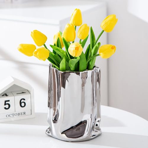 10 Pezzi Tulipano Artificiale PU con Vaso Tocco Reale Decorazione Casa e Soggiorno (Giallo)