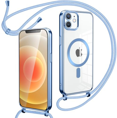 Oelrstfe Collier Coque avec Cordon pour iPhone 12/iPhone 12 Pro,Transparent Réglable Étui Chain Chaine Housse de Souple Silicone Antichoc Etui Bandouliere Laniere pour iPhone 12/iPhone 12 Pro-Bleu