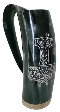 Viking By Heart Real Ox Horn 6-7'' Long, Vikings Drinking Smooth Horn Mug with Wooden Base, Engraved with Thor's Hammer, 13+ OZ Capacity, Polished Finish Horn Mug Unique Beer Gifts for Men, Women