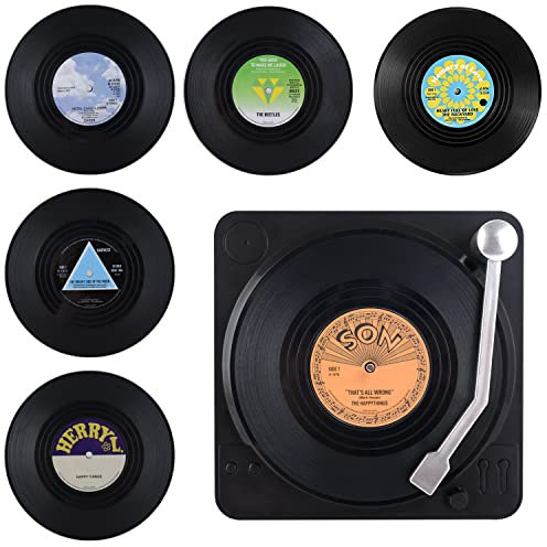 Wolfteeth Set of 6 Retro Vinyl Coasters with Table Stand, Retro Vinyl Record CD Round Drink Mat for Cold Ice Coffee Hot Drinks, 10X10X0.1cm/Black 500201