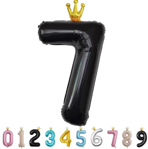 40inch Birthday Balloon,Black Number 7 Balloon,Large Foil Age Balloon with Crown for 7th Boy's Birthday,Self Inflating Digital 7 Balloons 0/1/2/3/4/5/6/7/8/9 Birthday Party Decorations Supplies