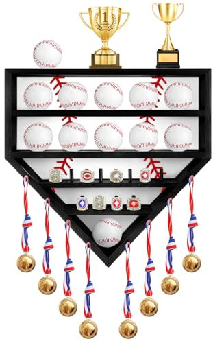CroBlissful 48,3 cm Baseball-Halter, Schaukasten aus Holz, Baseball-Ringhalter, Meisterschaftsring, Vitrine, Pokal, Regal, Baseballhalter für Bälle, Medaillen, Erinnerungsstücke (schwarz)
