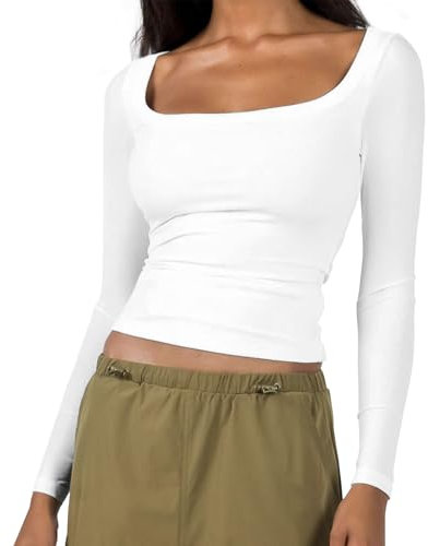 SHEKINI Women's Basic Long Sleeve Tops Square Neck T-Shirt Crop Top Business Casual Tight Slim Fit Ladies Going Out White