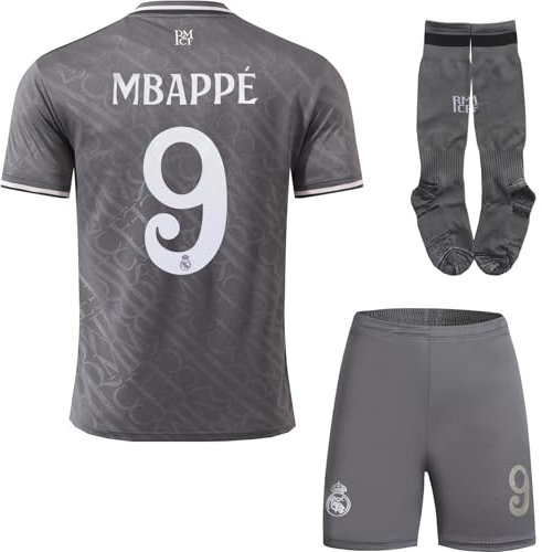metekoc R. Madrid Mbappe #9 Third 2024/2025 Football Fußball Kinder Trikot Shorts/Socken Geschenk Set Jugendgrößen (Grau,30)