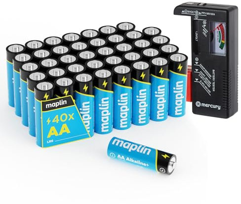 Maplin 40x AA LR6 1.5V Alkaline Batteries 10 Year Shelf Life High Performance with Universal Battery Tester