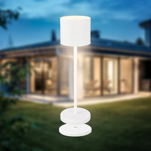 B.K.Licht - LED Tischlampe kabellos IP44 mit Ladestation, dimmbar in Stufen, Akku & Lichtquelle tauschbar, Nachttischlampe, Dekolampe, LED Lampe, Akku Tischleuchte, Wohnzimmer, 39,5x12,5 cm, Weiß