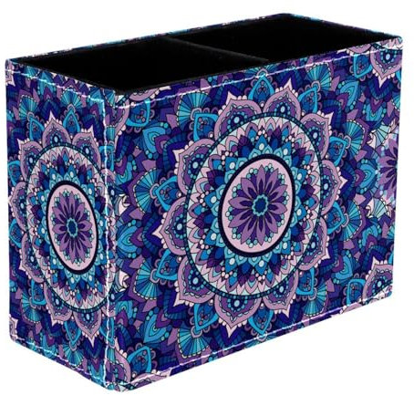 VAPOKF Vintage Mandala Boho Pen Holder for Desk, 2 Compartments Pen Pot Pencil Holders Makeup Brushes Storage Desktop Stationary Supplies Organiser for Home Office