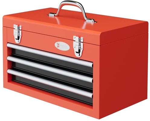DURHAND Werkzeugkiste leer, 45 x 24 x 27 cm Werkzeugkasten mit 3 Schubladen, oberes Staufach, Handgriff, Werkzeugkoffer mit 2 Schloss, Stahl, Rot