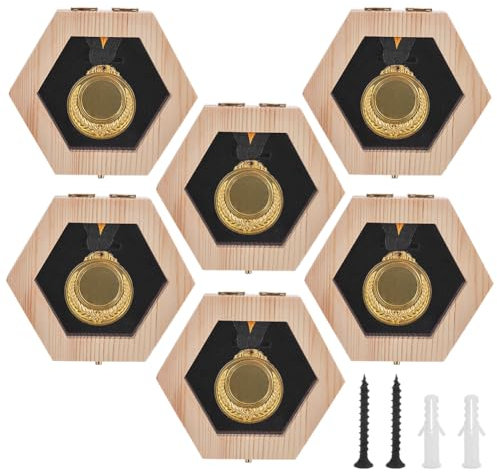 PH PandaHall 6 Set Porta Medaglie in Legno Espositore Esagonale Porta Medaglie Scatola Porta Medaglie Montaggio a Parete Scatola Porta Medaglie per Maratona Atletica Spartano Gare Vetrina 12.5x14cm