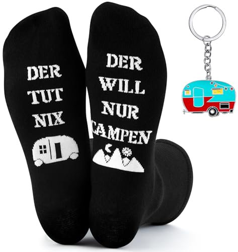 Jadive 2 Stück Camping Geschenke 1 Paar Camping Socken und 1 Wohnwagen Schlüsselanhänger Lustiges Camping Zubehör für Männer Frauen Reise Camping Liebhaber Geburtstag Geschenke(Schwarz,39-46)