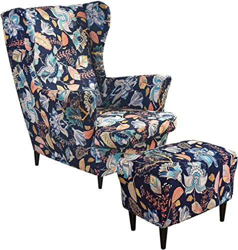 Generisch Ohrensessel überzug mit Hocker Bezug, 2 Teilig Sessel-Überwürfe+1 Teilig Ottomane Schonbezug, Beige/Grün/Rosa/Blau Ohrensessel Schonbezüge Sesselhusse Stretch Tiger Stuhlbezug mit Armlehne