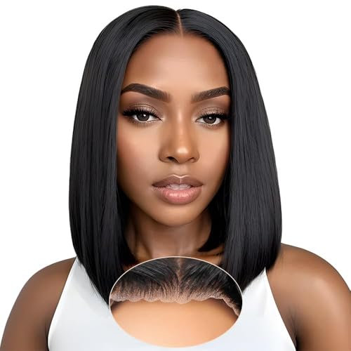Smilenice Perruque Bresilienne Cheveux Humain 4x4 Bob Straight Perruque Femme Naturelle Sans Colle Cheveux HD Lace Wear and Go Glueless Wig Plucked Pre Cut Naturel Humaine 12 Pouces