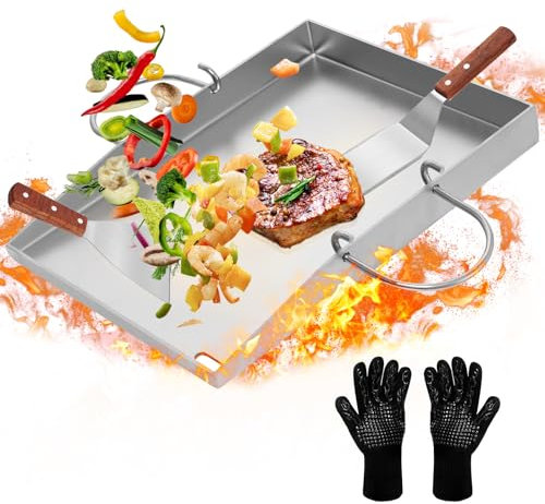 Lightasea Plancha Grillplatte - 40 x 30 cm Universal Edelstahl Grillplatte für Gasgrill & Kohlegrill - Gleichmäßige Hitzeverteilung- Grill Platte mit 2 Grillspachtel & Handschuhe