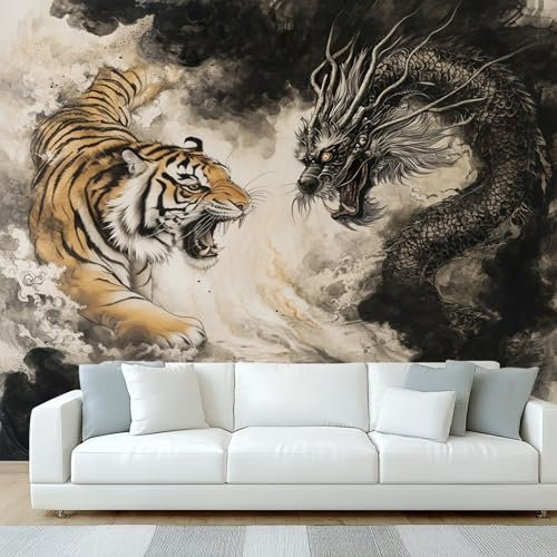 Générique Papier Peint Panoramique Dragon Chinois Tigre, Papier Peint Oriental Animal, Fresque Murale, Decoration Chambre Salon, 200 x 140 cm