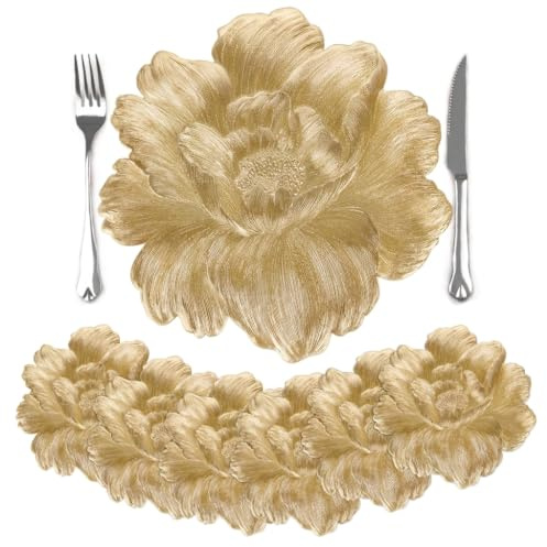 comfoyar Tischsets Rund Metallic Blume 6er Set, rutschfeste PVC Blumen Platzsets Abwaschbar, wasserdichte Platzdeckchen für Küche, Zuhause, Speisetisch, Esszimmer, Party Dekoration (Gold, 38cm)