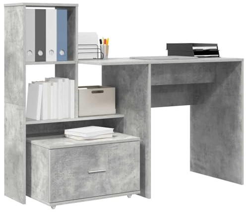 vidaXL Modern office table in concrete grey, made of wood material, 131.5 x 50 x 106.5 cm. Lots of storage space with practical shelves and drawers, simple design.