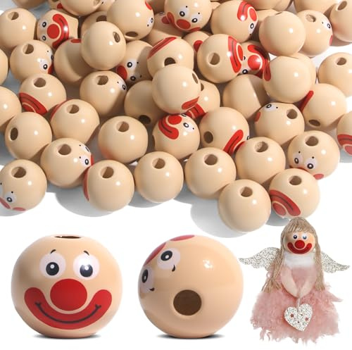 100 Stück Holzperlen Mit Gesicht Clown 20mm - Holzkugeln Mit Gesicht, Holzköpfe Für Sorgenwürmchen & Glückswürmchen, Holzkugeln Mit Loch Für Bastelprojekte
