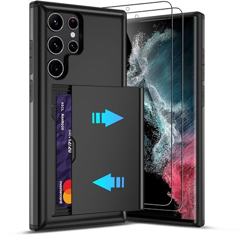 Pilaru Sliding Card Holder Case for Samsung S22 Ultra | Hidden Slot Cards | 2 screen protectors | Shockproof & Anti-Slip Protective Wallet Cover | Durable Dual-Layer Design for Galaxy S22 Ultra,Black