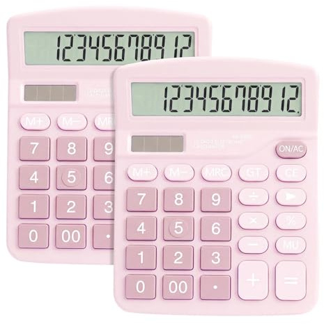 2 Pack Taschenrechner, Tischrechner mit 12-Stelligem Großem LCD-Display | Dual-Power (Solar und Batterie), Mini Taschenrechner Standard Funktion, für Büro, Zuhause und Schule, Rosa