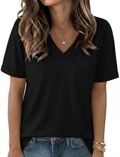 Aottori Womens Short Sleeve Top UK Summer V Neck Basic Tee T Shirt Casual Loose Stretch Lightweight Plain Tunic Pullover Black XL