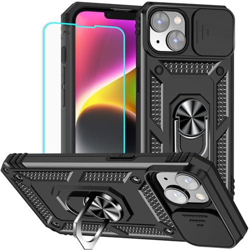 Yiakeng for iPhone 14 Plus Case with Screen Protector: [Military Grade 20ft. Drop Tested] Slide Camera Cover Ring Shockproof Protective Phone Case for - iPhone 14 Plus (Black)