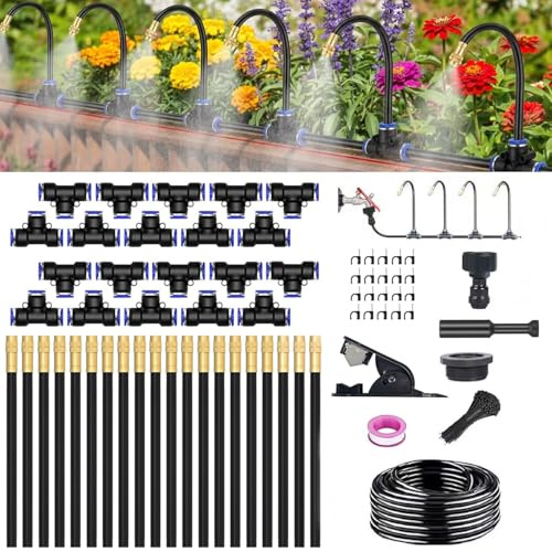 Sistema de riego de jardín de 20 m, manguera de riego automática de 360 ° con 20 boquillas de pulverización ajustables, kit de riego por niebla, sistema de riego por goteo para invernadero, para