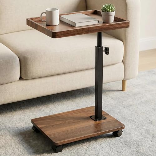 CHUNGG Side Table Adjustable, C-Shaped Sidetable, Wood Over Bedside Table with Wheels 360° Swivel, Sofa Side Tables with Mobile Storage Rack for Living Room Home Bedroom Office