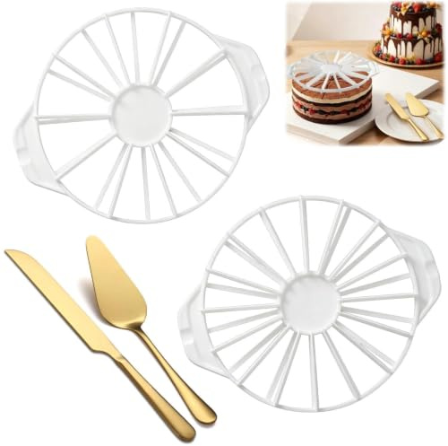 2 Cortador de Tartas en Porciones Cortador de Bolo Espátula para Pasteles | Marcador Porciones Tarta 10/12/14/16 Plástico, Lira para Cortar Tartas Pala inoxidable, para Tarte Cumpleaños y Bodas de Oro