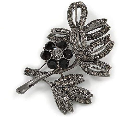 Cristal Noir Floral Broche