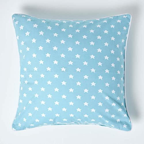HOMESCAPES - 100% Cotton - Star - Large Cushion Cover - 60 x 60 cm Square - 24 x 24 Inches - Blue White - 100% Cotton Sofa Pillow Cushion Cover - Washable