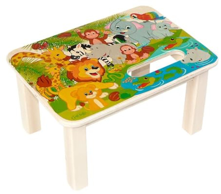 Hess Holzspielzeug 30285 - Fußbankaus Holz für Kinder, Serie Dschungeltiere, handgefertigt, ca. 33 x 24 x 18 cm groß, zum Sitzen und als Erhöhung beim Stehen